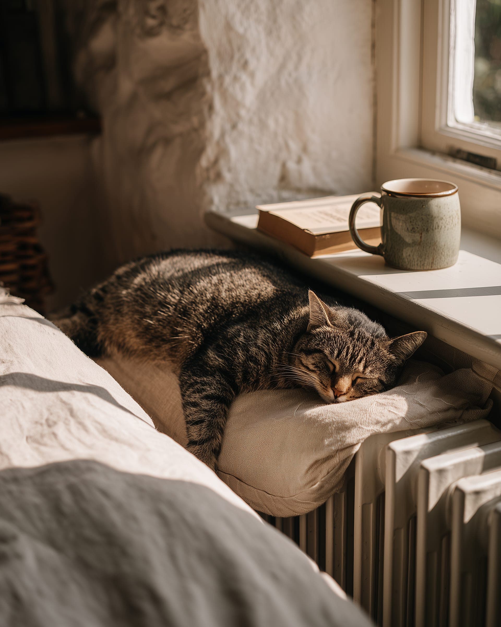 A tabby cat asleep on a bed by a sunlit window in a cottage bedroom, with a book and a mug on the windowsill.