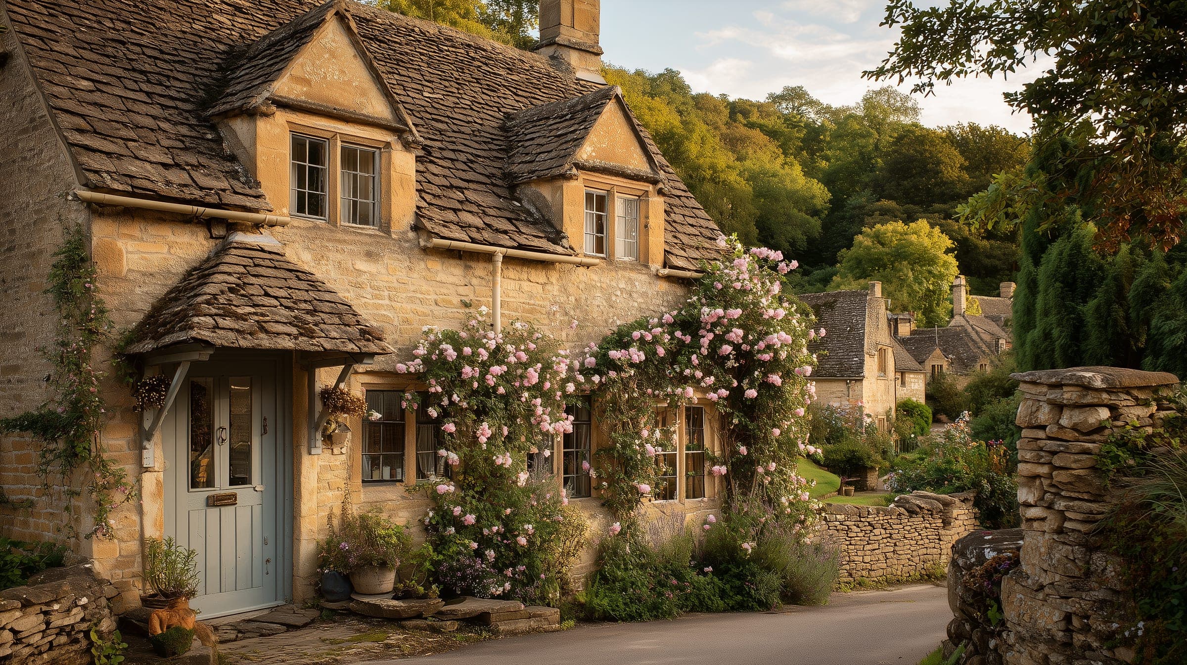 A honey-coloured Cotswold stone cottage on a village lane, with a stone slate roof, climbing roses around the windows and a dry stone wall along the road.