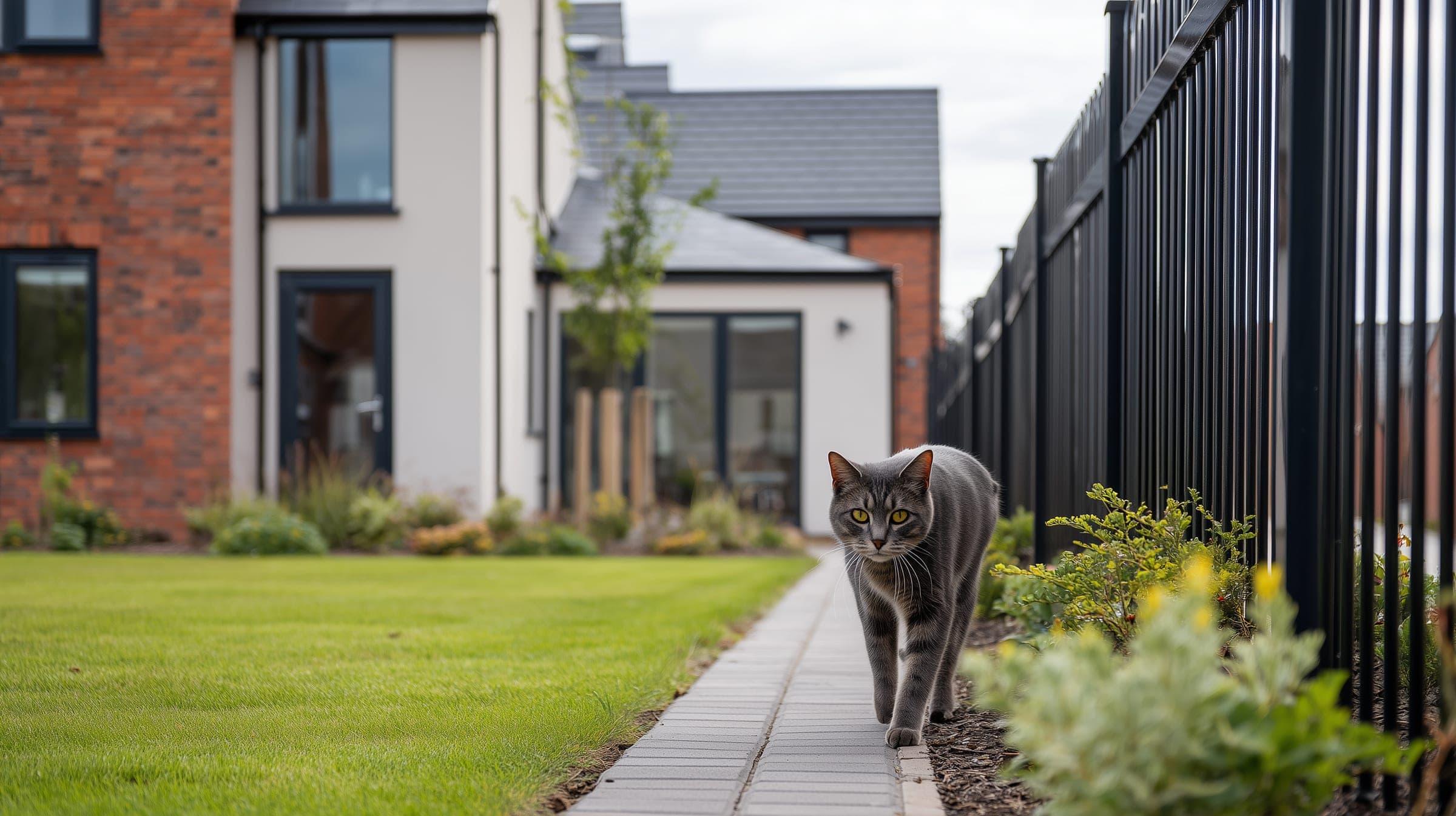 A grey cat walking along a path beside a modern brick and render house, with a neat lawn and young planting.