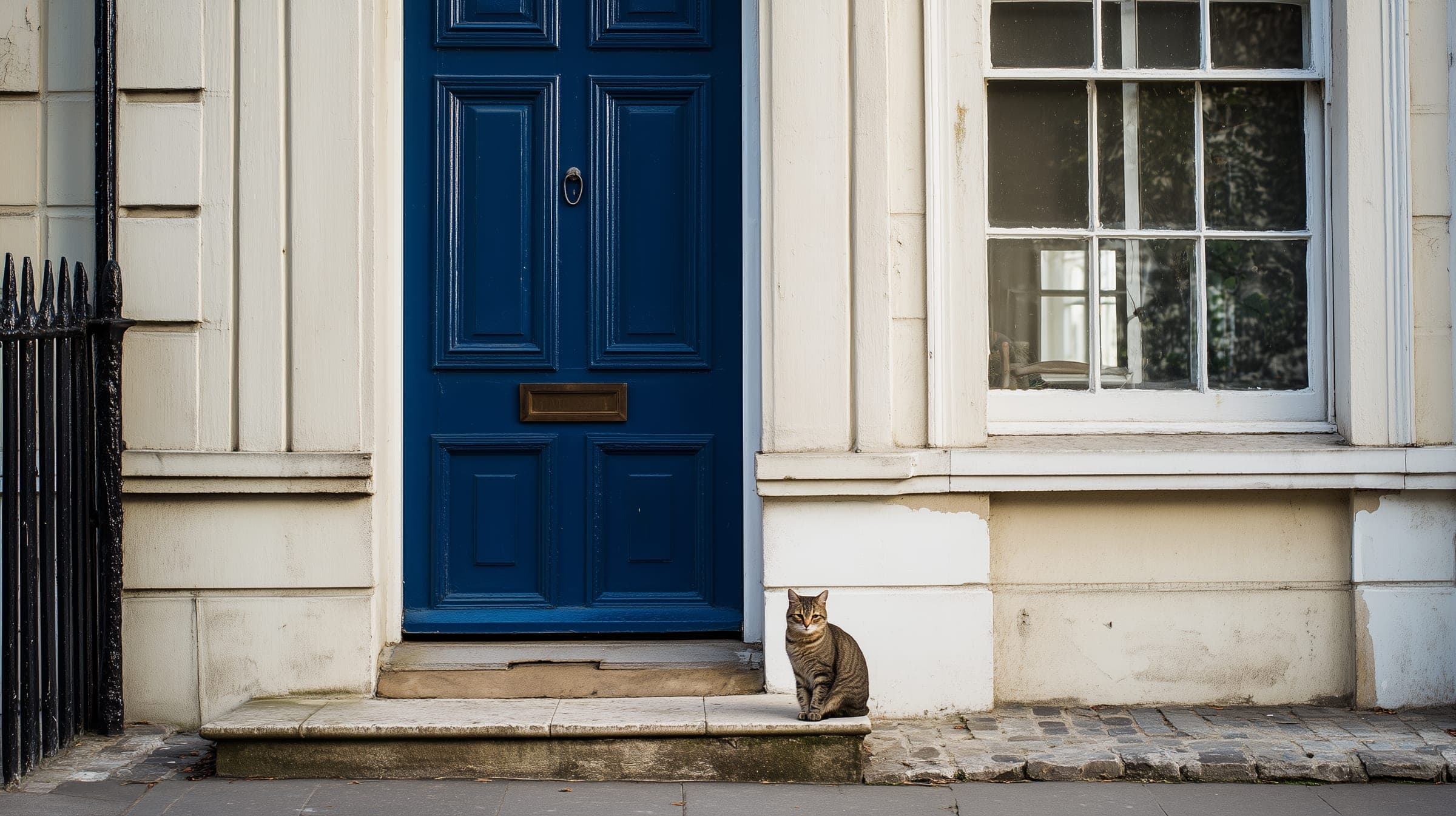 A tabby cat sitting on the stone doorstep of a cream-painted Georgian townhouse with a deep blue front door and tall sash windows.