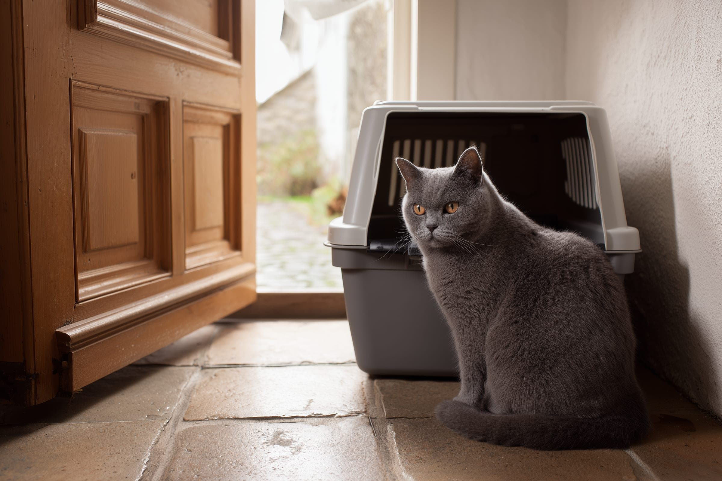 A grey British Shorthair cat sitting on a stone flagged floor beside an open plastic pet carrier in a cottage hallway, looking away from it.