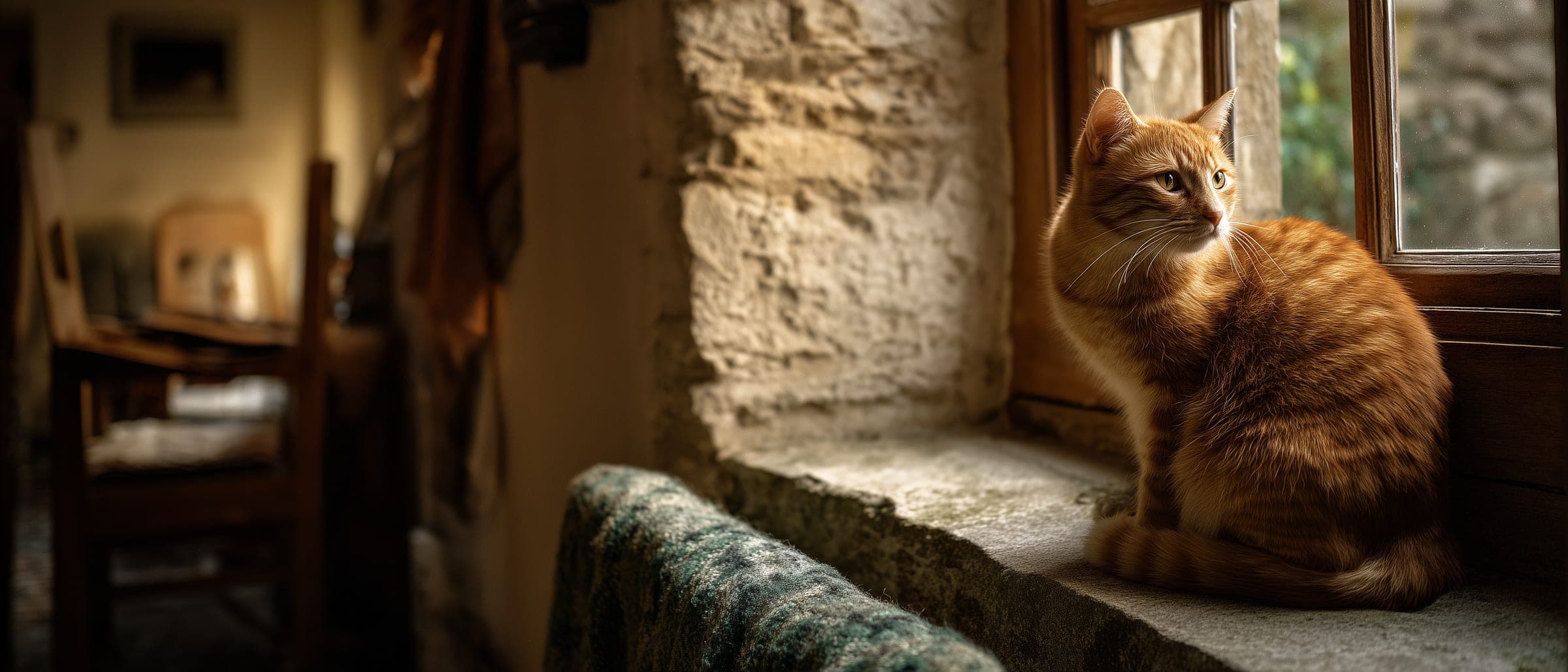 A ginger cat sitting on the deep stone windowsill of a Cotswold cottage, looking out of the window into the afternoon light.