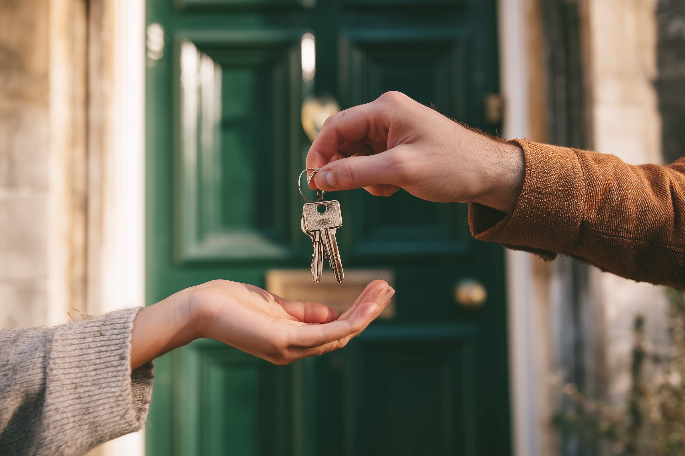 One person handing a set of house keys to another on the doorstep of a stone house with a dark green front door.