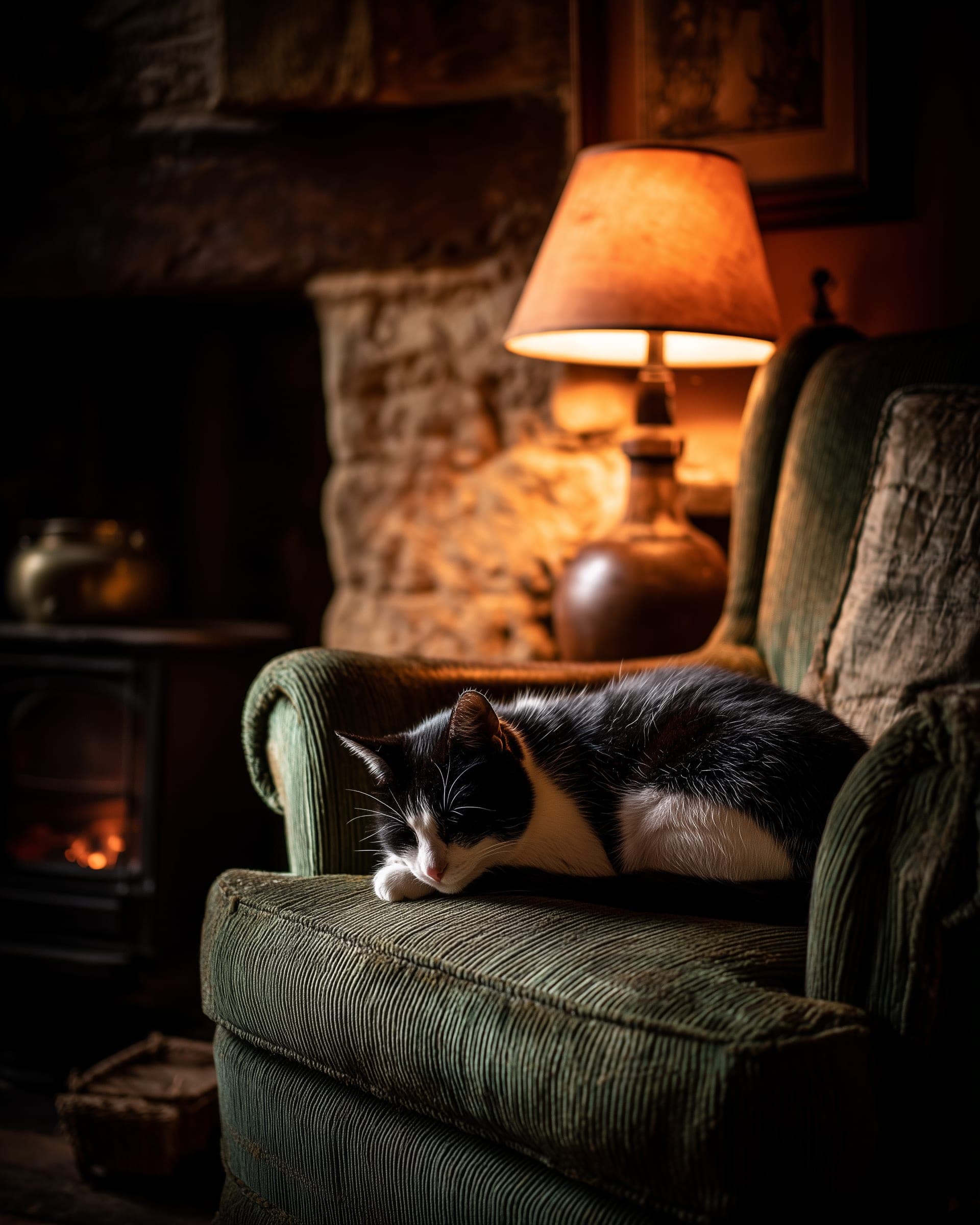 A black and white cat asleep on a green armchair in a lamp-lit cottage sitting room, with a log burner glowing in the background.